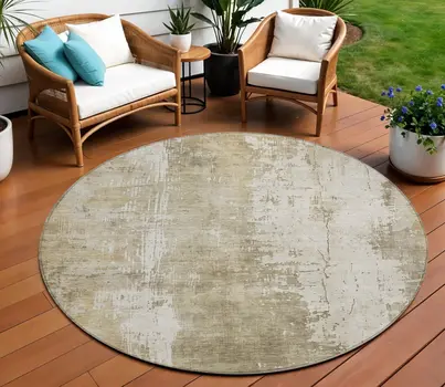 8' Taupe And Ivory Round Abstract Washable Indoor Outdoor Area Rug
