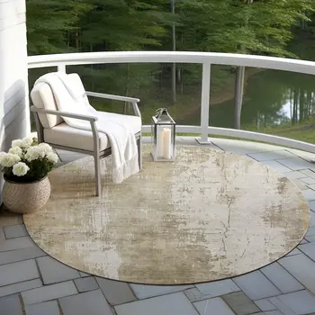 8' Taupe And Ivory Round Abstract Washable Indoor Outdoor Area Rug