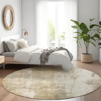 8' Taupe And Ivory Round Abstract Washable Indoor Outdoor Area Rug