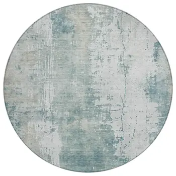 8' Turquoise And Ivory Round Abstract Washable Indoor Outdoor Area Rug