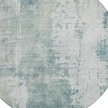 8' Turquoise And Ivory Round Abstract Washable Indoor Outdoor Area Rug