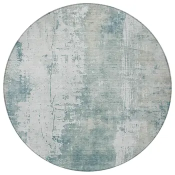 8' Turquoise And Ivory Round Abstract Washable Indoor Outdoor Area Rug