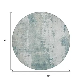 8' Turquoise And Ivory Round Abstract Washable Indoor Outdoor Area Rug