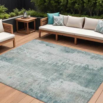 9' X 12' Turquoise And Ivory Abstract Washable Indoor Outdoor Area Rug