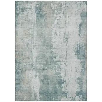 9' X 12' Turquoise And Ivory Abstract Washable Indoor Outdoor Area Rug