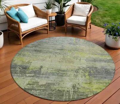 8' Artichoke Green And Charcoal Round Abstract Washable Indoor Outdoor Area Rug