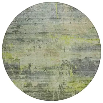 8' Artichoke Green And Charcoal Round Abstract Washable Indoor Outdoor Area Rug
