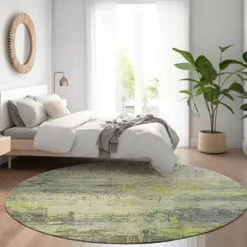 8' Artichoke Green And Charcoal Round Abstract Washable Indoor Outdoor Area Rug