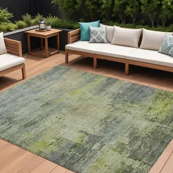 8' X 10' Artichoke Green And Charcoal Abstract Washable Indoor Outdoor Area Rug
