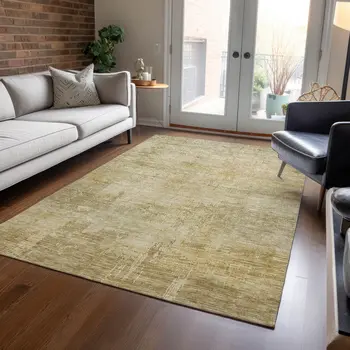 3' X 5' Beige And Wheat Abstract Washable Indoor Outdoor Area Rug
