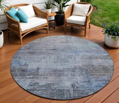 8' Gray And Blue Round Abstract Washable Indoor Outdoor Area Rug