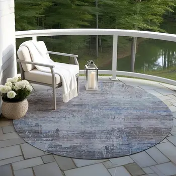 8' Gray And Blue Round Abstract Washable Indoor Outdoor Area Rug