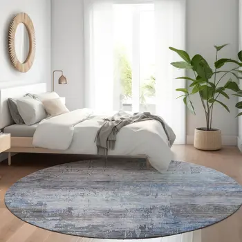 8' Gray And Blue Round Abstract Washable Indoor Outdoor Area Rug