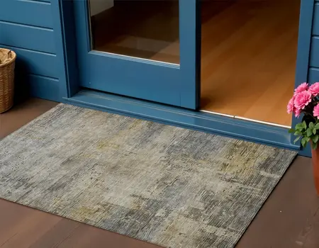 3' X 5' Pewter And Wheat Abstract Washable Indoor Outdoor Area Rug