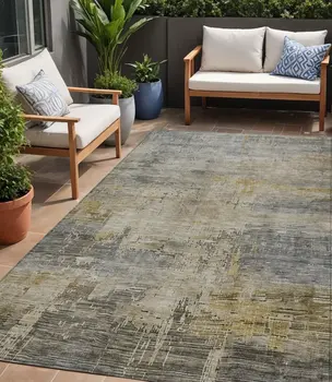 5' X 8' Pewter And Wheat Abstract Washable Indoor Outdoor Area Rug