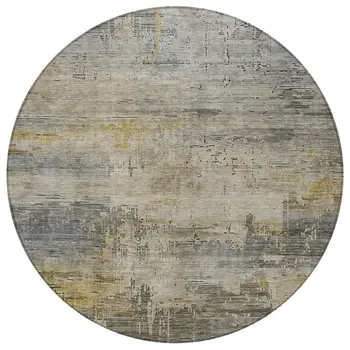 8' Pewter And Wheat Round Abstract Washable Indoor Outdoor Area Rug