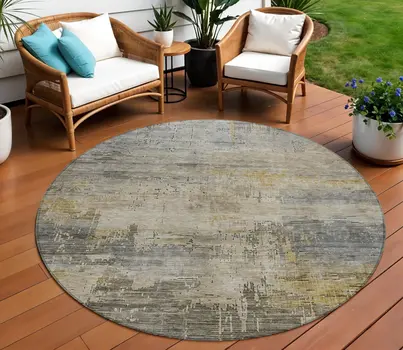 8' Pewter And Wheat Round Abstract Washable Indoor Outdoor Area Rug