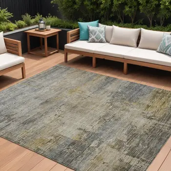 9' X 12' Pewter And Wheat Abstract Washable Indoor Outdoor Area Rug
