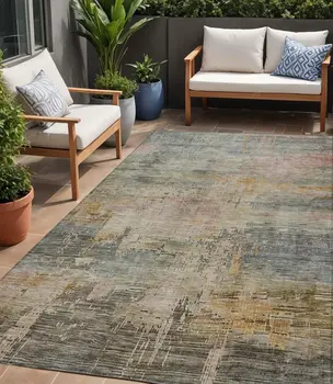 5' X 8' Sage And Beige Abstract Washable Indoor Outdoor Area Rug