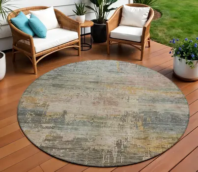 8' Sage And Beige Round Abstract Washable Indoor Outdoor Area Rug