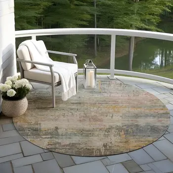 8' Sage And Beige Round Abstract Washable Indoor Outdoor Area Rug