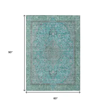 5' X 8' Aqua And Teal Blue Medallion Washable Indoor Outdoor Area Rug