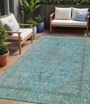5' X 8' Aqua And Teal Blue Medallion Washable Indoor Outdoor Area Rug