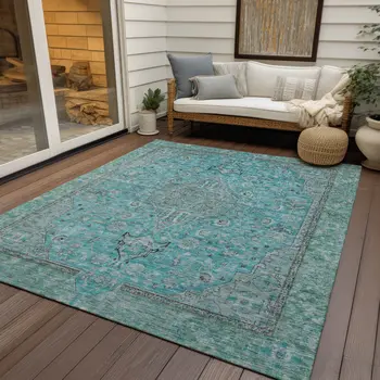 5' X 8' Aqua And Teal Blue Medallion Washable Indoor Outdoor Area Rug