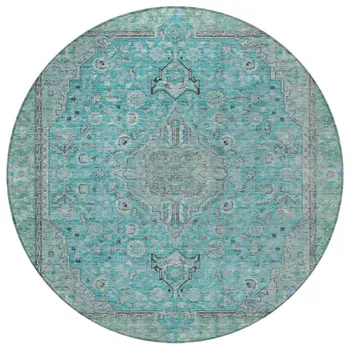 8' Aqua And Teal Blue Round Medallion Washable Indoor Outdoor Area Rug