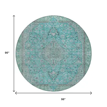 8' Aqua And Teal Blue Round Medallion Washable Indoor Outdoor Area Rug