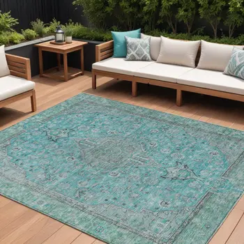 8' X 10' Aqua And Teal Blue Medallion Washable Indoor Outdoor Area Rug