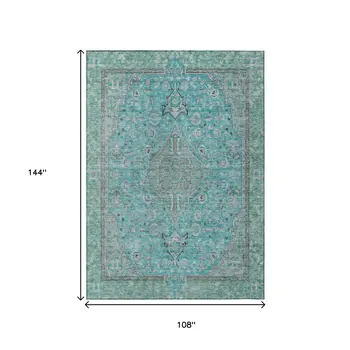 9' X 12' Aqua And Teal Blue Medallion Washable Indoor Outdoor Area Rug