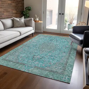 9' X 12' Aqua And Teal Blue Medallion Washable Indoor Outdoor Area Rug