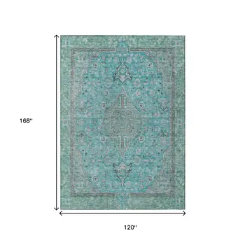 10' X 14' Aqua And Teal Blue Medallion Washable Indoor Outdoor Area Rug