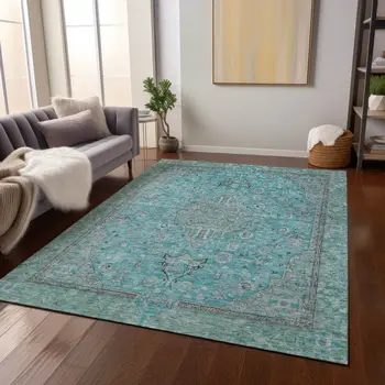 10' X 14' Aqua And Teal Blue Medallion Washable Indoor Outdoor Area Rug
