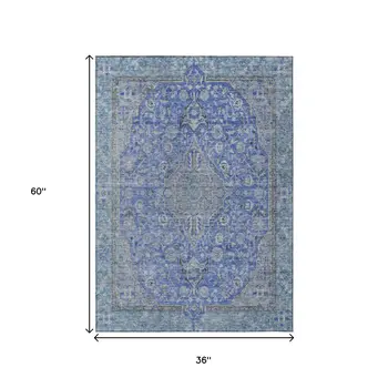 3' X 5' Blue And Gray Medallion Washable Indoor Outdoor Area Rug