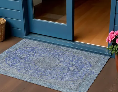 3' X 5' Blue And Gray Medallion Washable Indoor Outdoor Area Rug