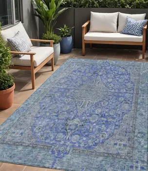 5' X 8' Blue And Gray Medallion Washable Indoor Outdoor Area Rug