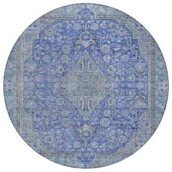 8' Blue And Gray Round Medallion Washable Indoor Outdoor Area Rug