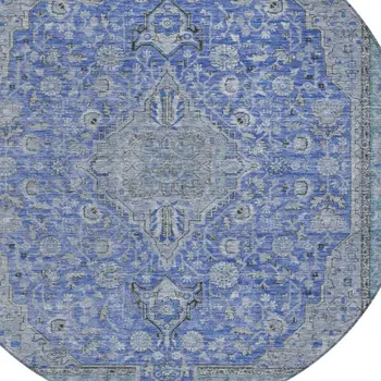 8' Blue And Gray Round Medallion Washable Indoor Outdoor Area Rug