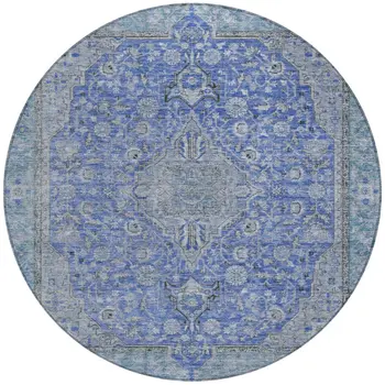 8' Blue And Gray Round Medallion Washable Indoor Outdoor Area Rug