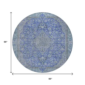 8' Blue And Gray Round Medallion Washable Indoor Outdoor Area Rug