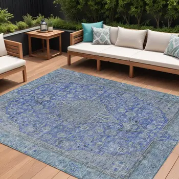 8' X 10' Blue And Gray Medallion Washable Indoor Outdoor Area Rug