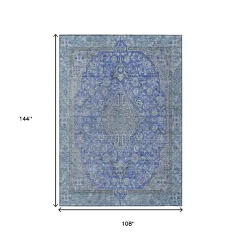 9' X 12' Blue And Gray Medallion Washable Indoor Outdoor Area Rug