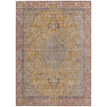 3' X 5' Gold And Peach Medallion Washable Indoor Outdoor Area Rug
