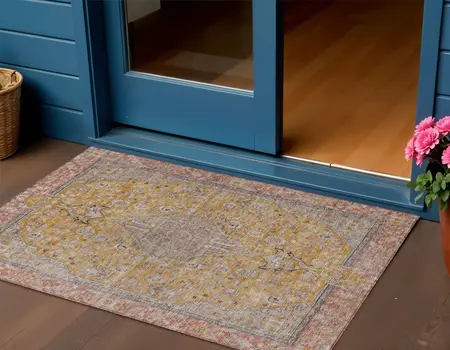 3' X 5' Gold And Peach Medallion Washable Indoor Outdoor Area Rug