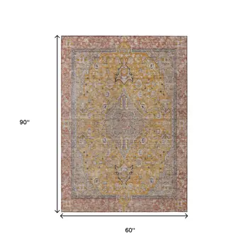 5' X 8' Gold And Peach Medallion Washable Indoor Outdoor Area Rug