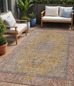 5' X 8' Gold And Peach Medallion Washable Indoor Outdoor Area Rug
