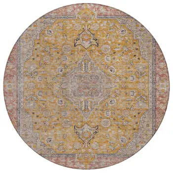 8' Gold And Peach Round Medallion Washable Indoor Outdoor Area Rug