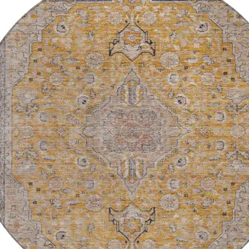8' Gold And Peach Round Medallion Washable Indoor Outdoor Area Rug